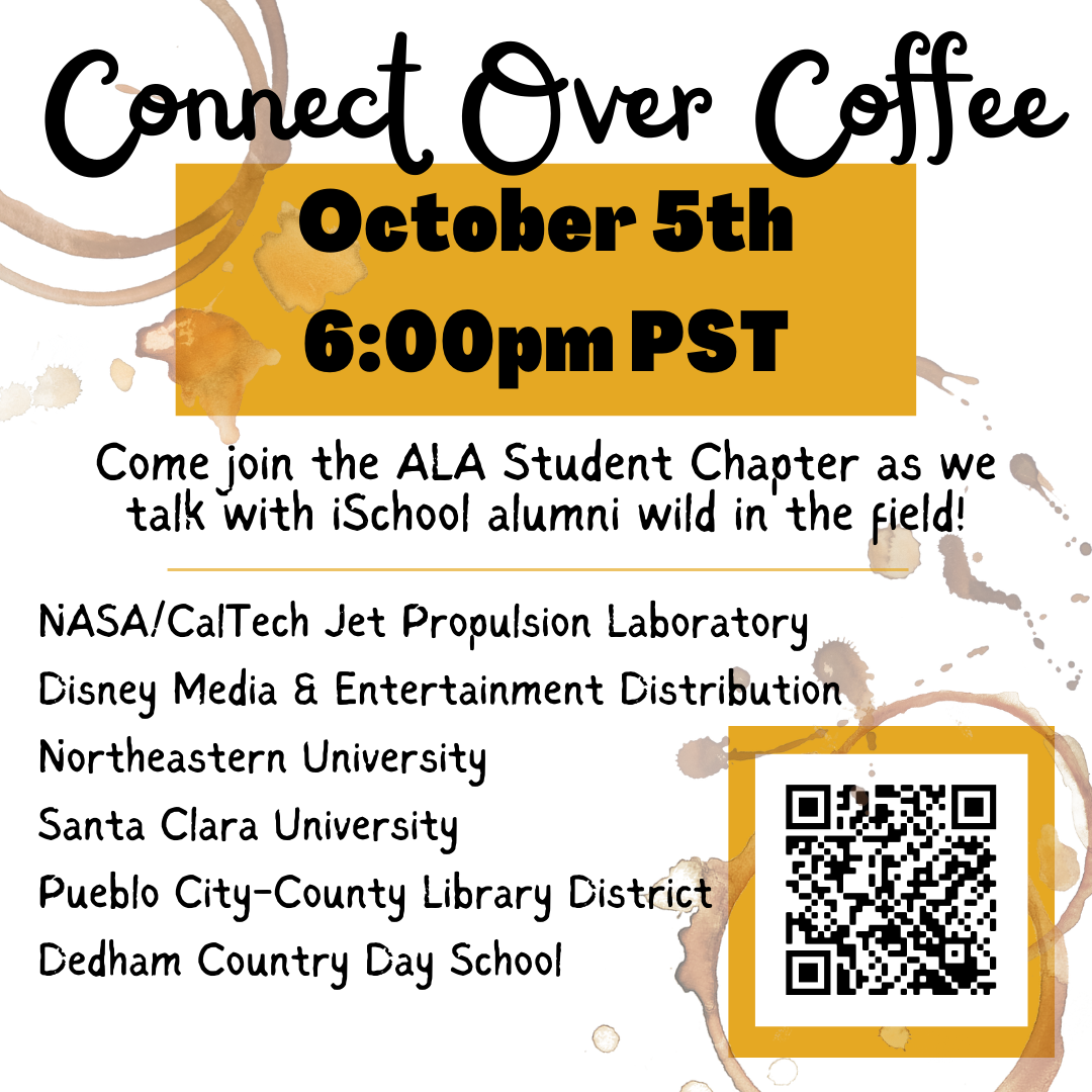 Flyer for the ALASC Connect Over Coffee Event on October 5, 2022 at 6:00pm featuring alumni working at NASA, Disney, Northeastern University, and more