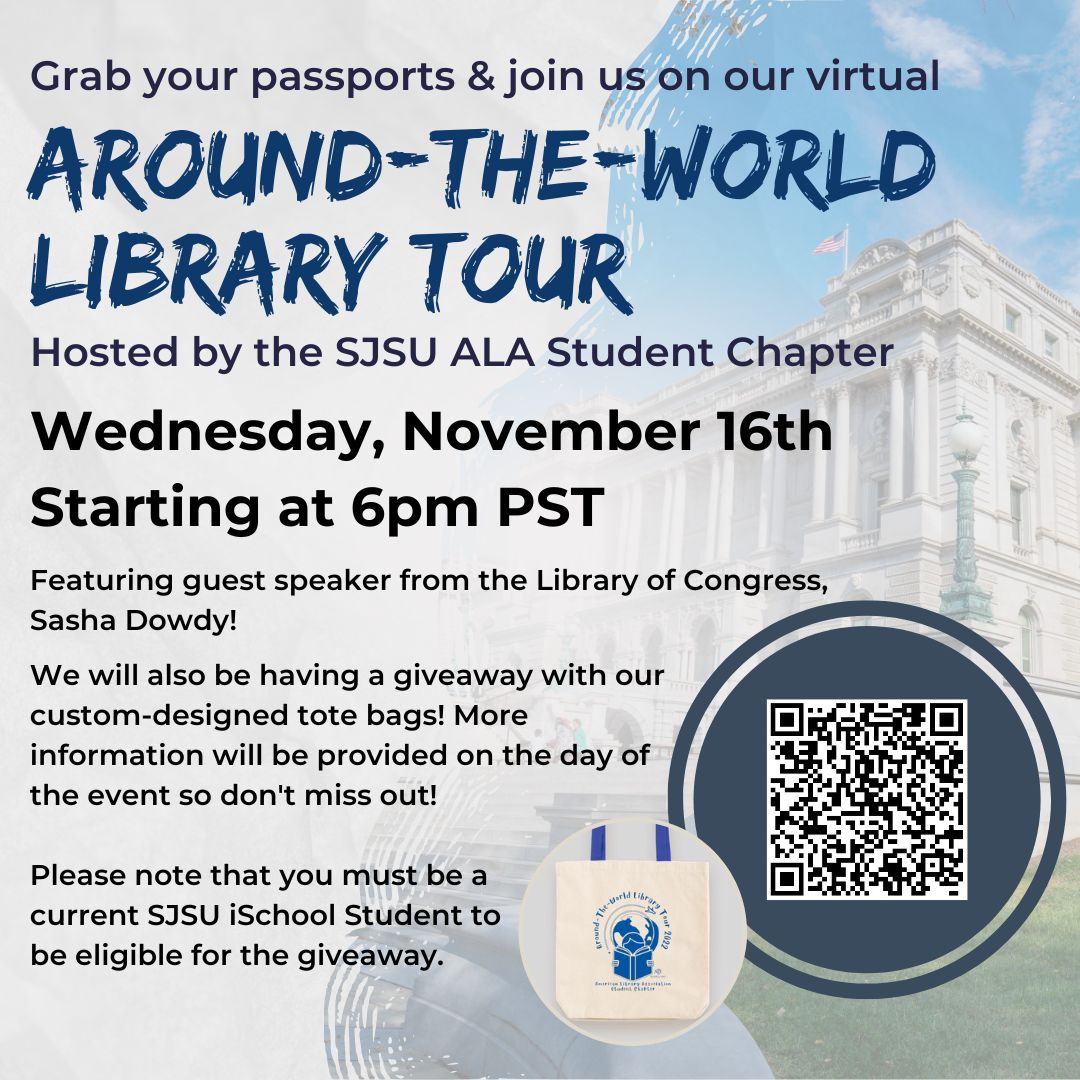 Flyer for the ALASC Fall 2022 Around-The-World Library Tour on Wednesday November 16th at 6pm PST via Zoom