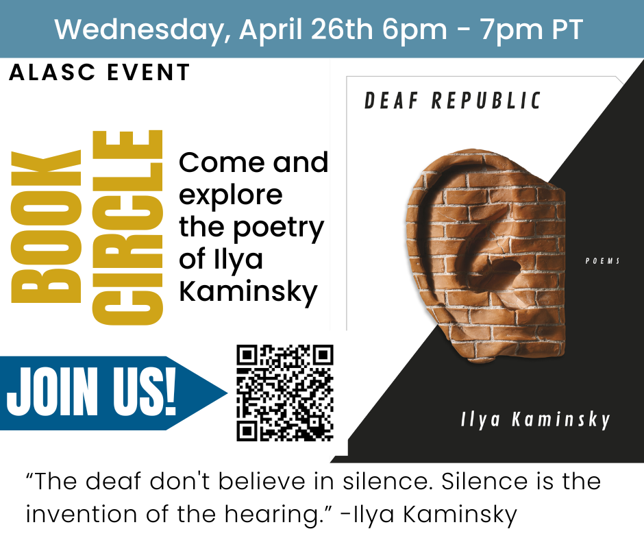Book Circle 2023 Flyer for Deaf Republic on 4-26-23 at 6pm PST