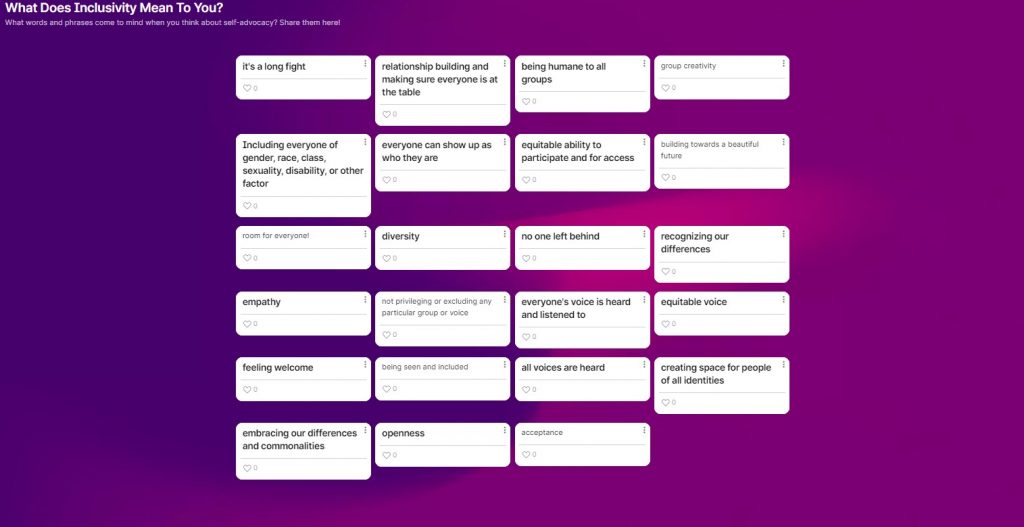 A screenshot of the Padlet with event participants' definitions of "inclusivity"