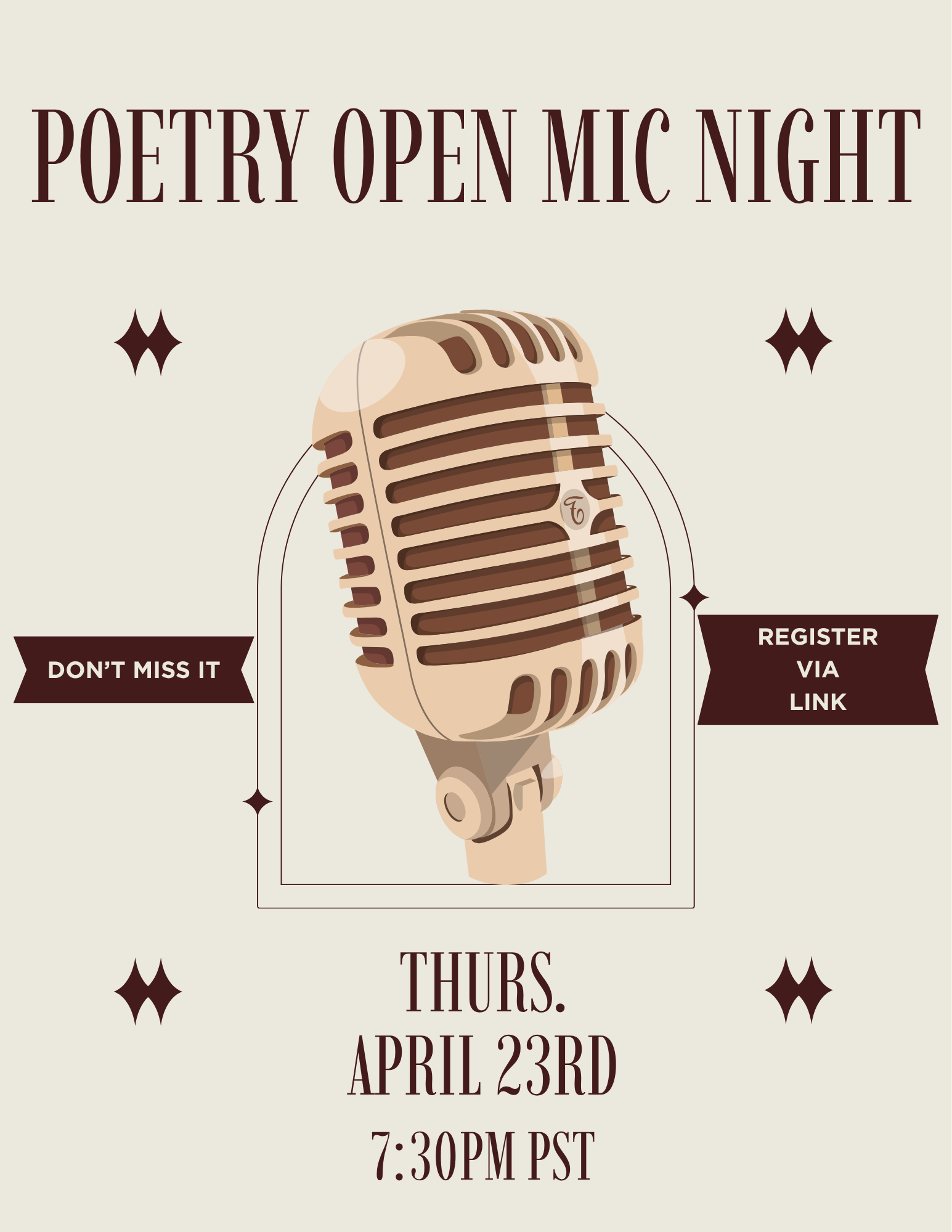 Flyer for the ALASC Spring 2026 Poetry Open Mic on April 23rd 2026 at 7:30PM PST