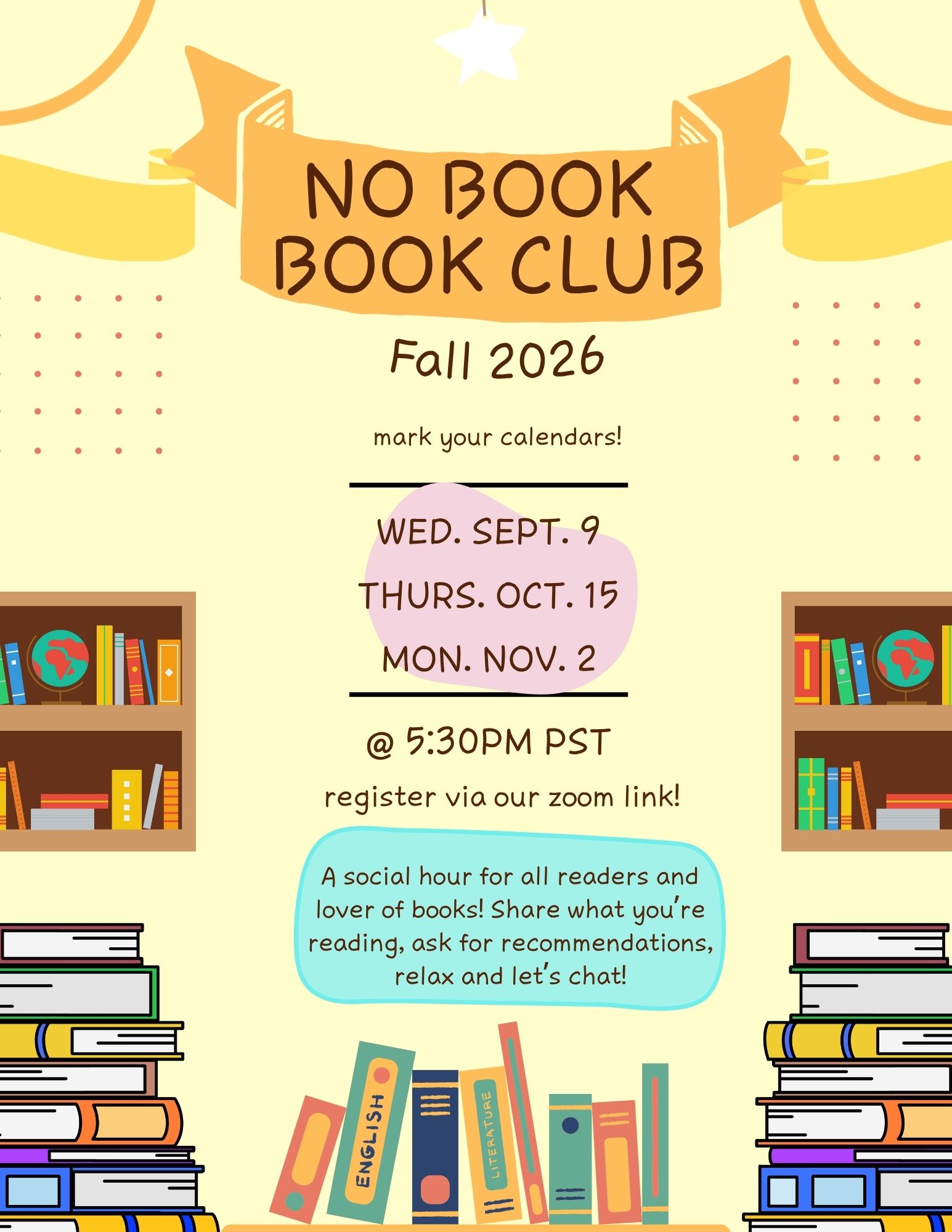 Flyer for the ALASC No Book Book Club on September 9, 2026 at 5:30pm PST