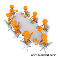 digital drawing of animated orange people around a conference table