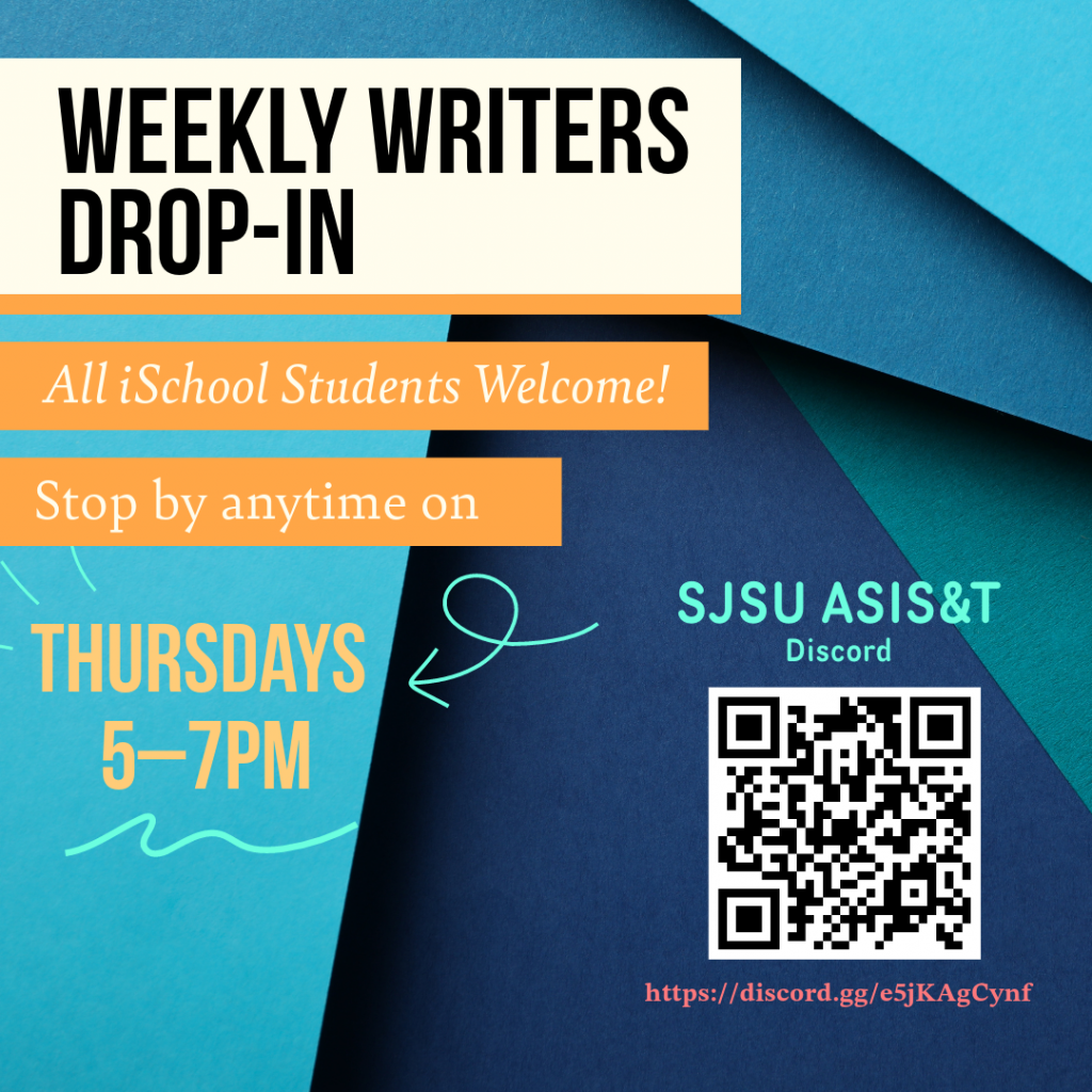 Weekly writers Drop-in social media poster containing a QR code for the SJSU ASIS&T discord at https://discord.gg/e5jKAgCynf