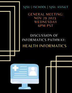 Black poster with Bight Colors  that reads "General Meeting November 29, 2003 Wednesday 6PM PST Discussion of Informatics Pathway: Health Informatics" in the bottom left corner is a picture of a computer screen with a health care website showing. 