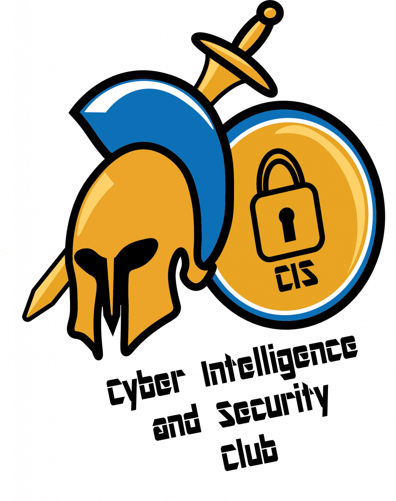 CIS club logo. Blue and yellow SJSU Mascot with sword and shield that says "CIS". Text says Cyber Intelligence and Security Club. Designed by Melanie Ballesteros.