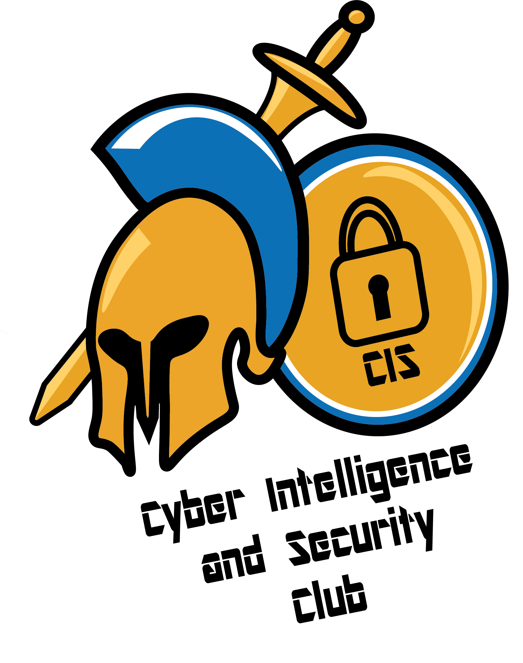 CIS club logo. Blue and yellow SJSU Mascot with sword and shield that says "CIS". Text says Cyber Intelligence and Security Club. Designed by Melanie Ballesteros.