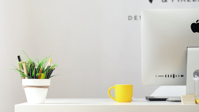 desktop featuring a computer, yellow coffee cup, and plant