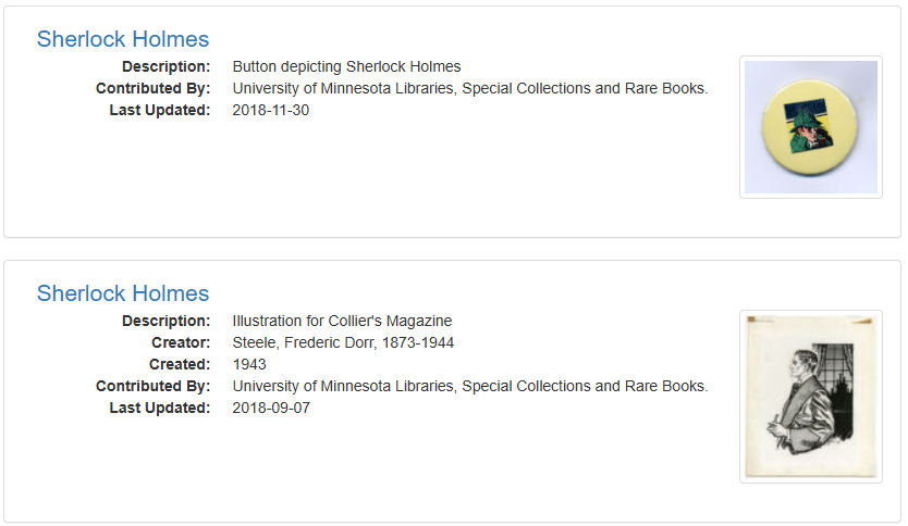 A screenshot of two digital item records. One is a button, the other is a drawing.