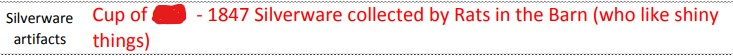 Text highlighted in red indicating silverware collected by rats.