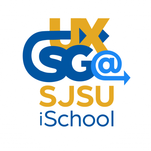 A circular logo for the User Experience Student Group at the San Jose State University School of Information (UXSG @ SJSU iSchool). The logo uses the school's approved web colors.