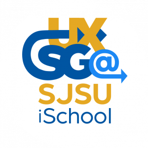 A circular logo for the User Experience Student Group at the San Jose State University School of Information (UXSG @ SJSU iSchool). The logo uses the school's approved web colors.