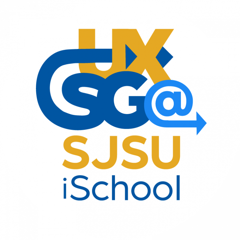 A circular logo for the User Experience Student Group at the San Jose State University School of Information (UXSG @ SJSU iSchool). The logo uses the school's approved web colors.