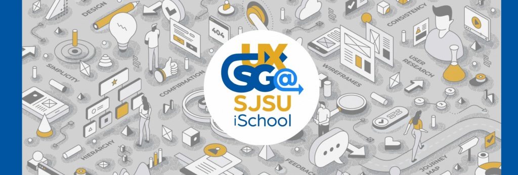 Header before the redesign: A circular logo for the User Experience Student Group at the San Jose State University School of Information (UXSG @ SJSU iSchool) in the center of a grayscale and gold header background image with stylized illustrations representing different user experience tasks.