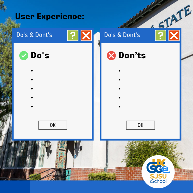 Computer screen with San Jose State building in the background. Do's and Don'ts pop-up boxes.